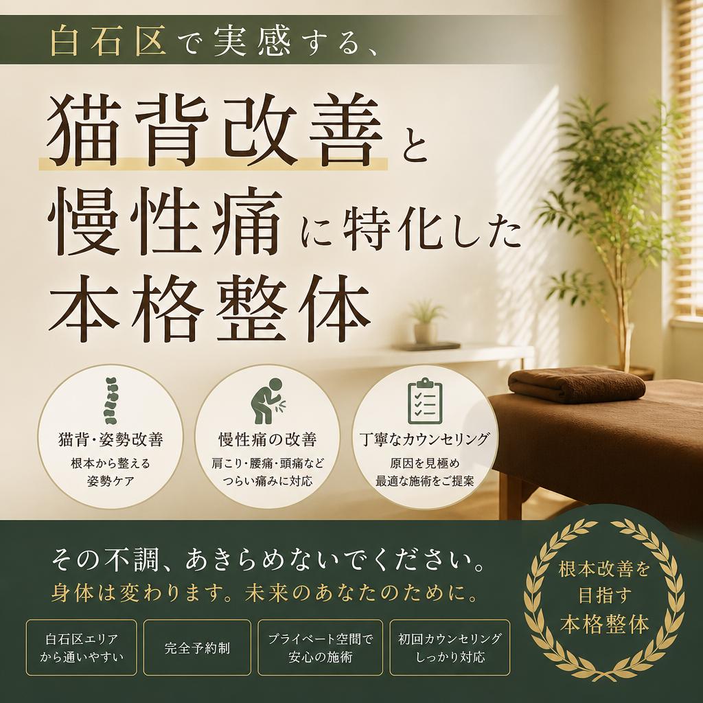 白石区で実感する、猫背改善と慢性痛に特化した本格整体