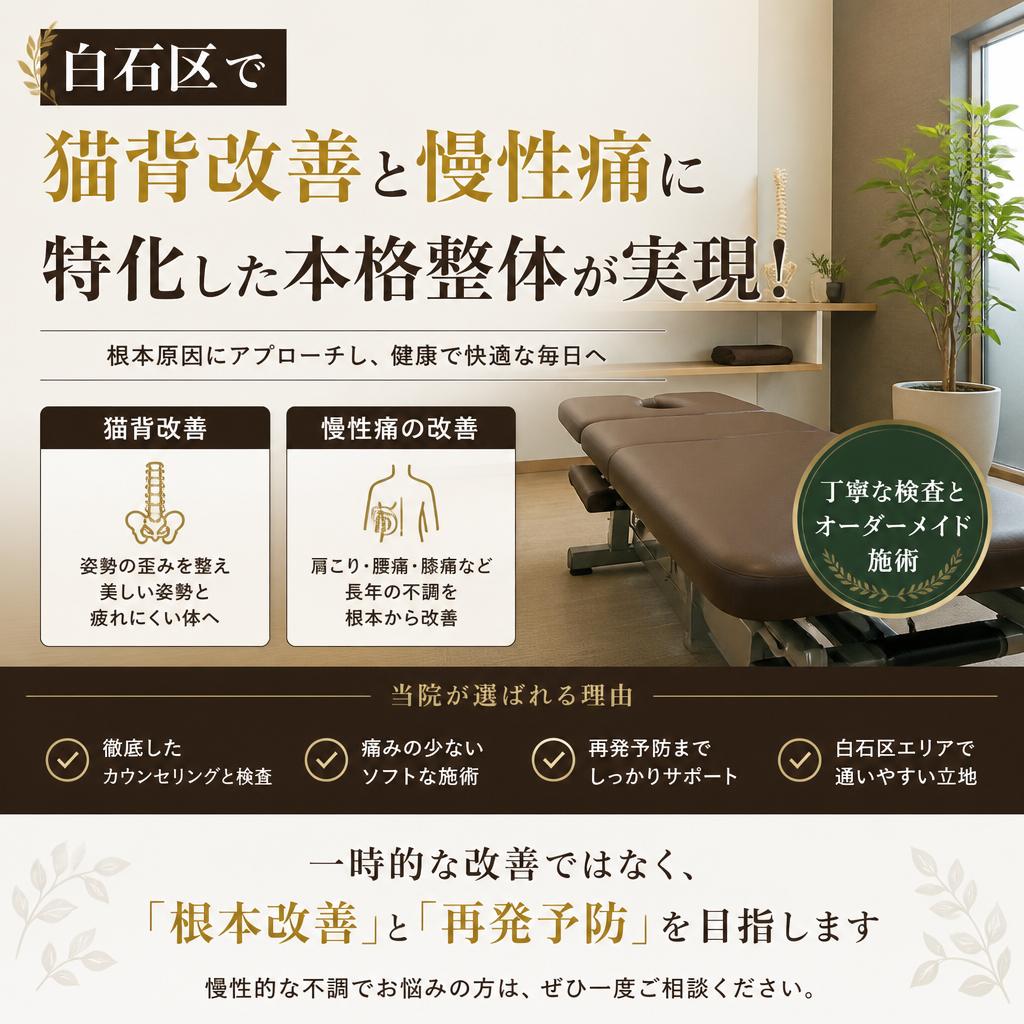 白石区で猫背改善と慢性痛に特化した本格整体が実現！