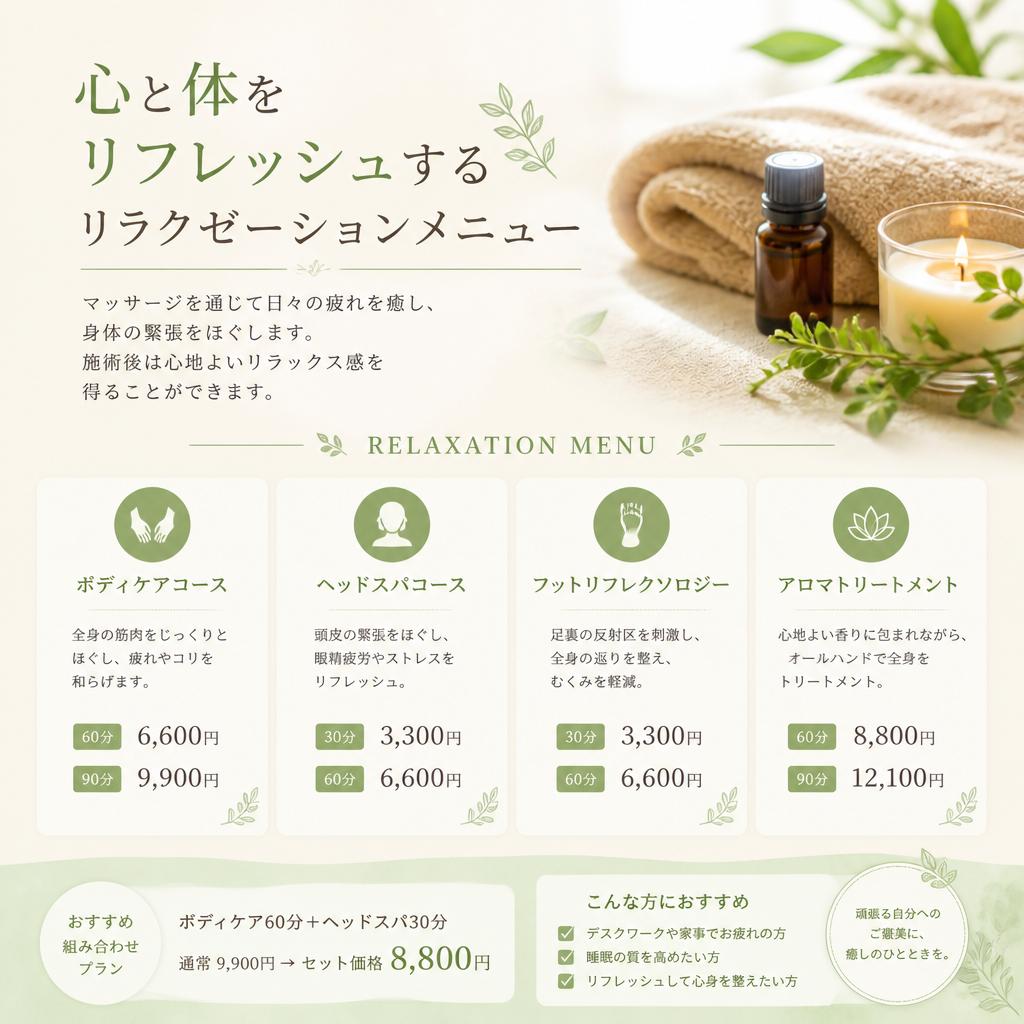 リラクゼーションメニューの紹介