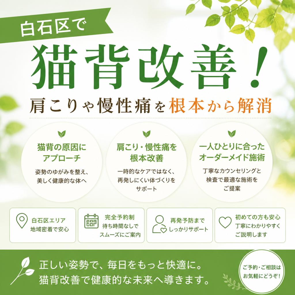 白石区で猫背改善！肩こりや慢性痛を根本から解消
